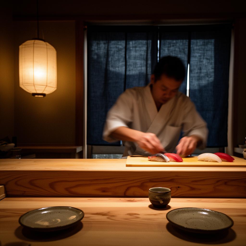 Intimate Japanese sushi counter at dusk — itamae preparing nigiri behind a hinoki wood counter, lit by a washi paper lantern